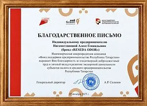 Благодарственное письмо Фонда поддержки предпринимательства Республики Татарстан